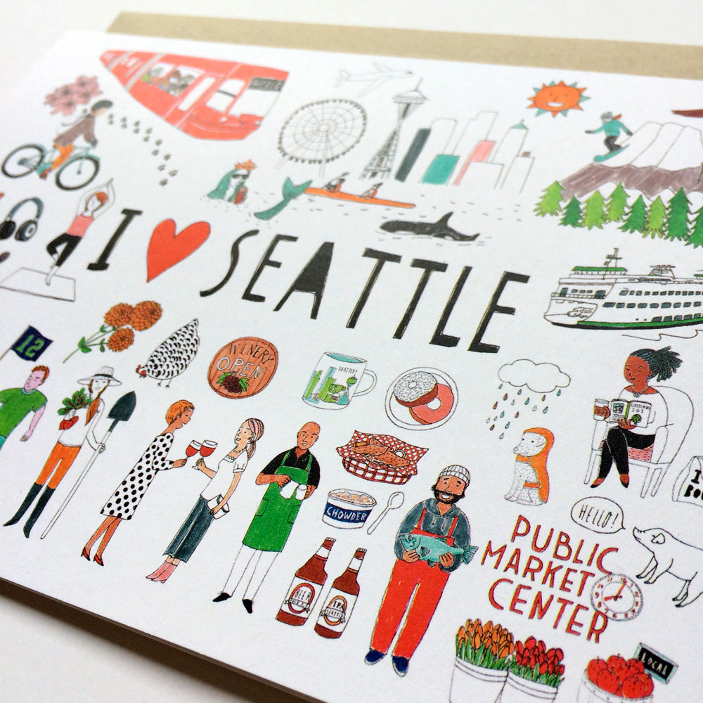 Colorful illustrated greeting card featuring iconic Seattle landmarks, activities, and culture including Space Needle, ferry, cyclists, coffee, Pike Place Market, and diverse locals, centered around text "I love Seattle