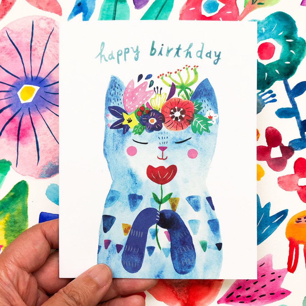 Blue Flower Kitty Birthday Card