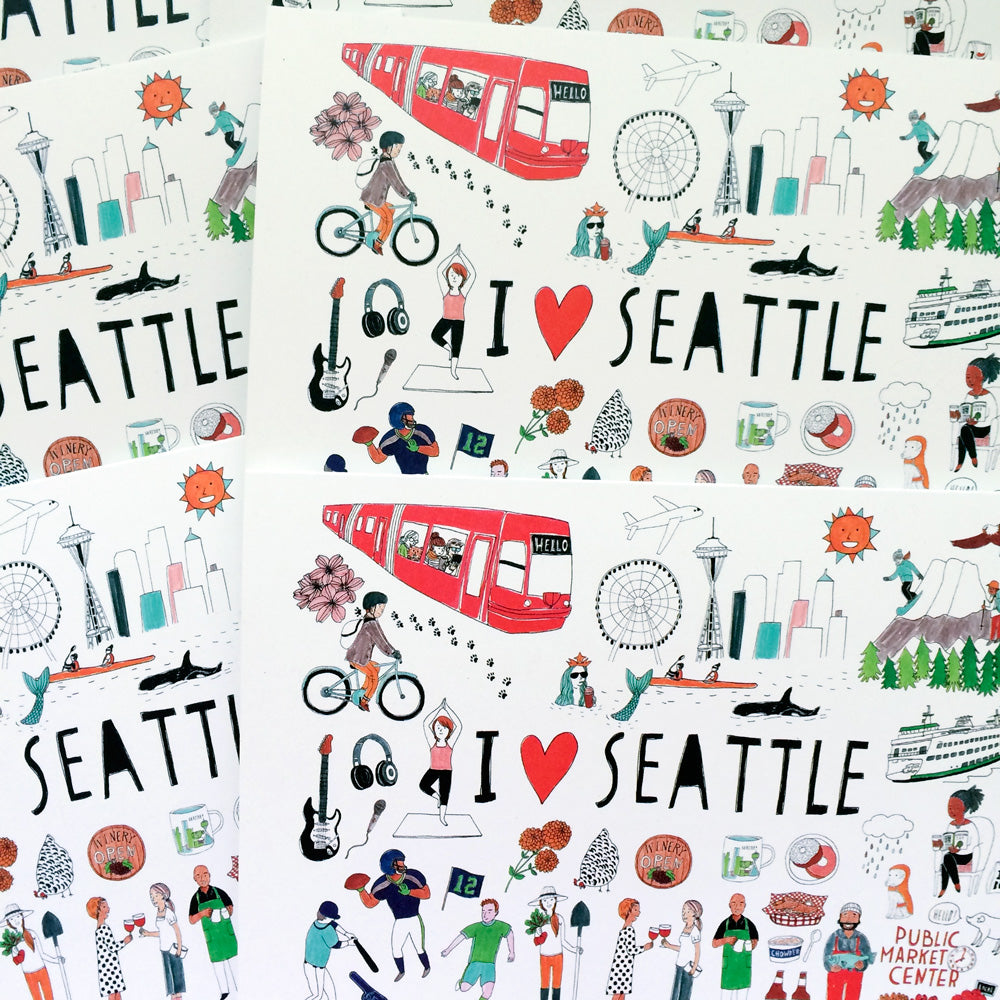 Colorful illustration of Seattle's landmarks, attractions, and culture featuring the Space Needle, monorail, cyclists, musicians, coffee, and diverse activities with "I Love Seattle" text, showcasing the city's vibrant lifestyle and iconic elements.