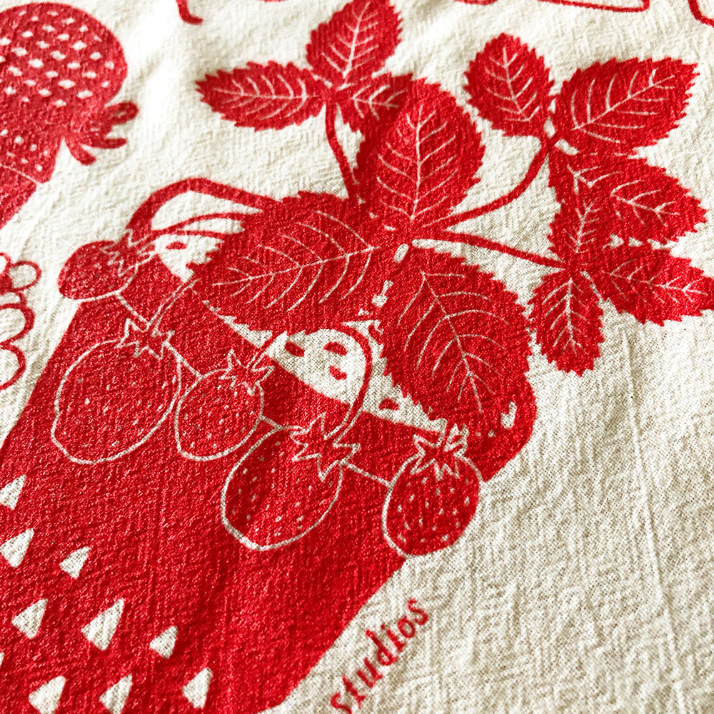 Red Strawberry Flour Sack Tea Towel