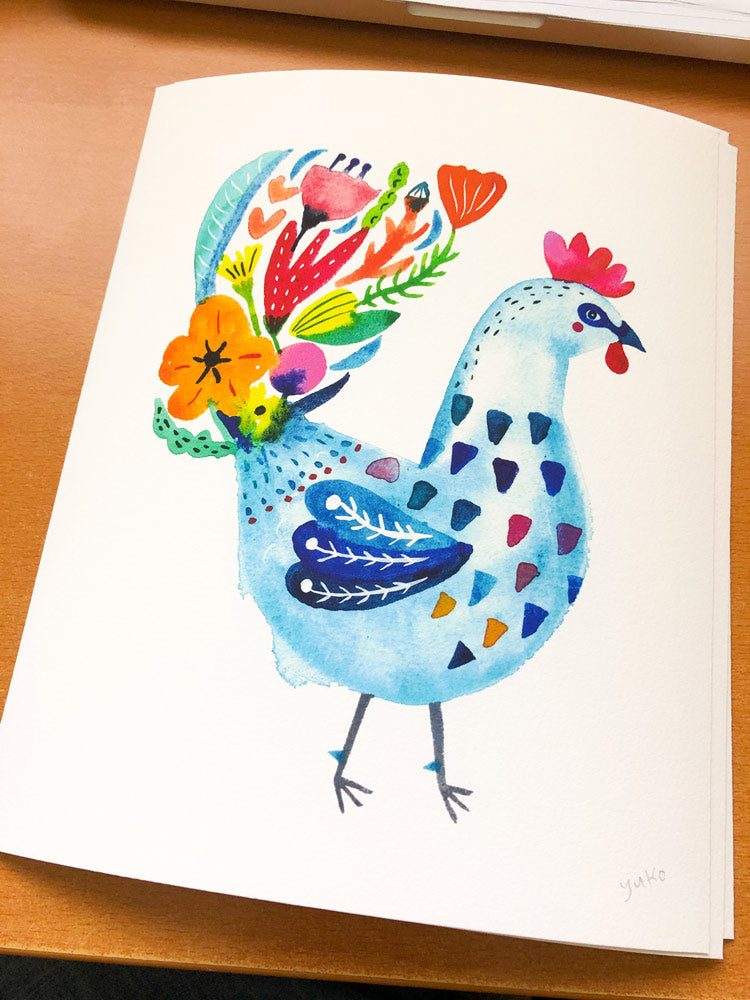 Blue Flower Rooster, Giclee Art Print