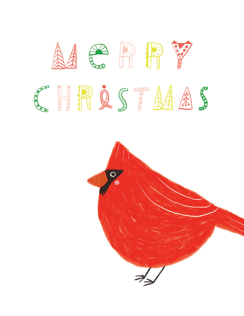 Cheerful Christmas card featuring colorful hand-drawn "Merry Christmas" text and a bright red cardinal bird illustration on a white background, inspired by a winter scene in Wisconsin