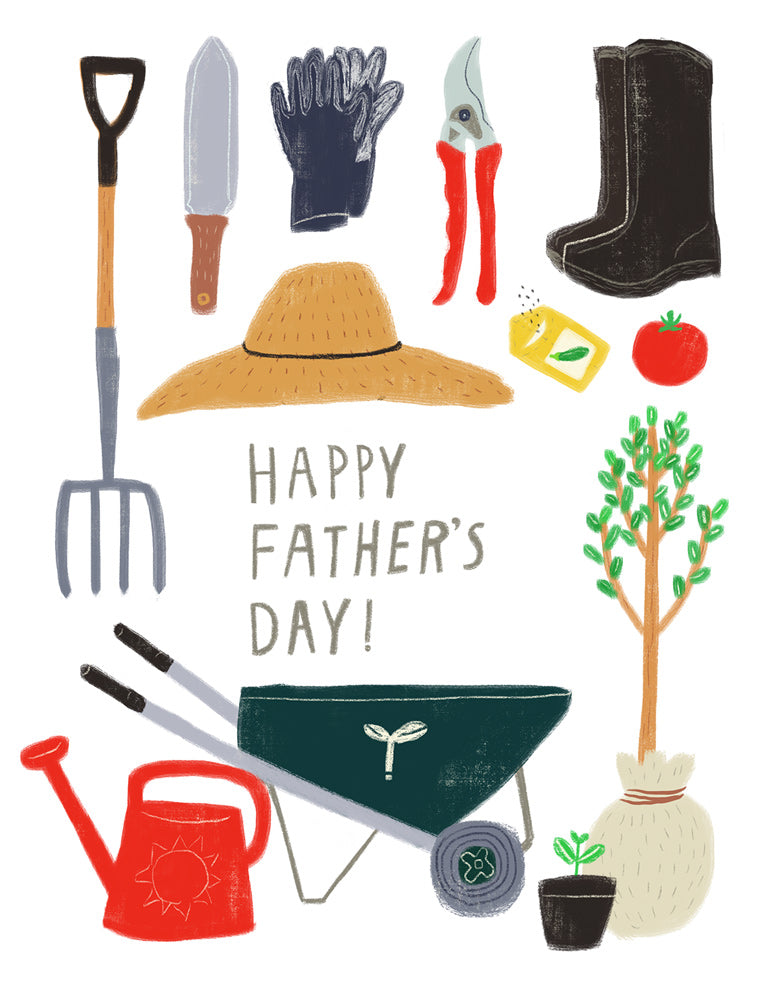 Illustrated Father's Day card featuring gardening tools and accessories including shovel, trowel, gloves, pruning shears, boots, straw hat, wheelbarrow, watering can, seed packets, tomato, and potted plants, with 'Happy Father's Day!' text