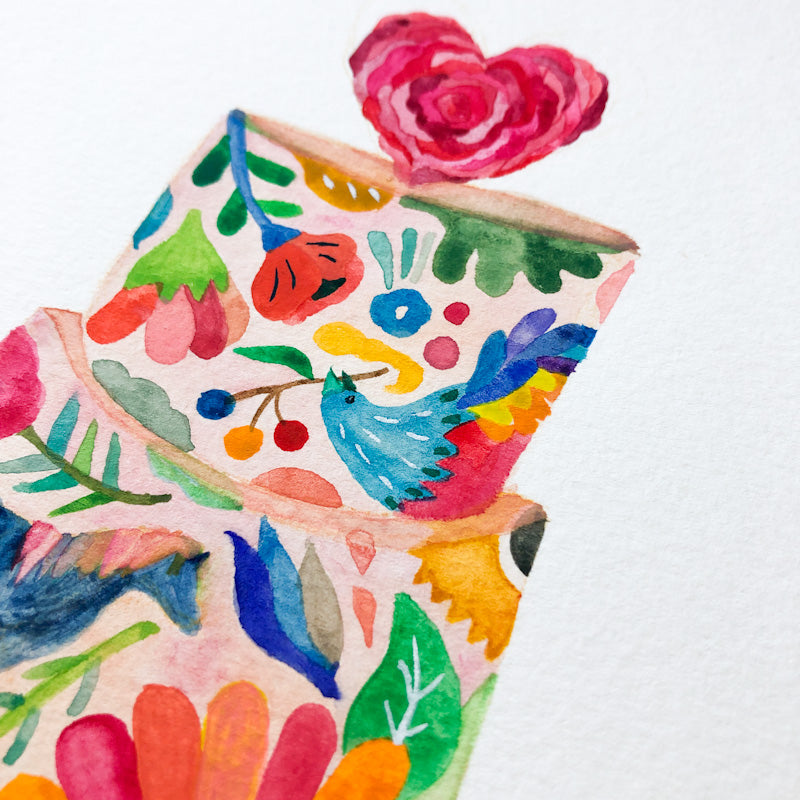 Original watercolor painting of a vibrant wedding cake with colorful floral and bird designs, topped with a large pink rose, showcasing intricate details and artistic craftsmanship on 9x12 inch paper